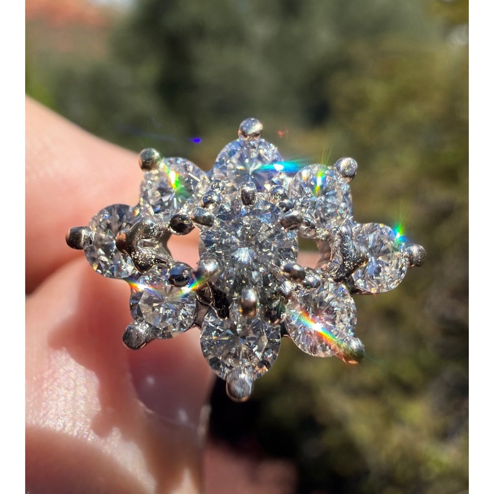 Vintage 14k Solid White Gold Natural Cluster High Quality Diamond Ring Size 7.25